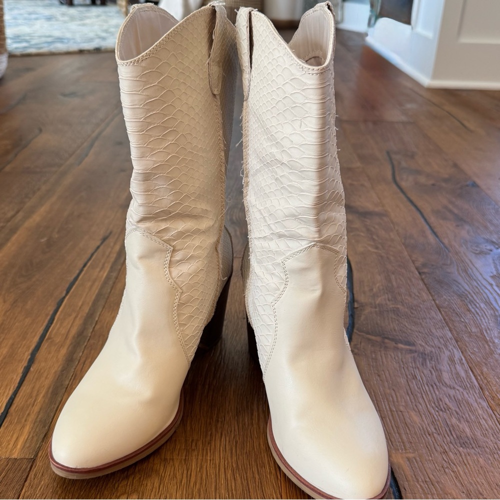 MIA Cream Textured Cowgirl Heeled Boots - Picture 2 of 8